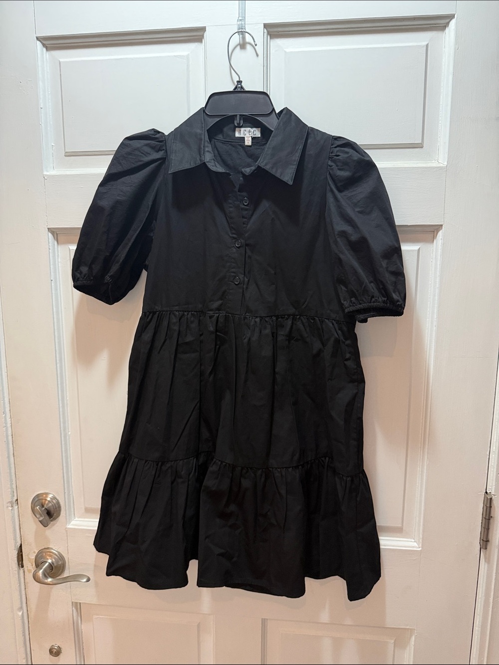 TCEC Black Puff Sleeve Tiered Mini Dress
